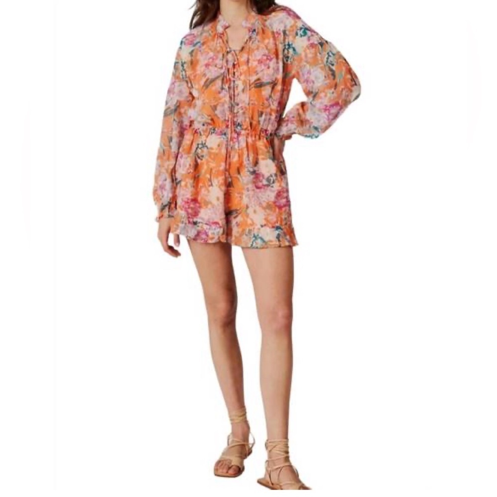 NWT! DELUC Orange Floral Printed Button Up Romper with Ruffle Hem Size Large